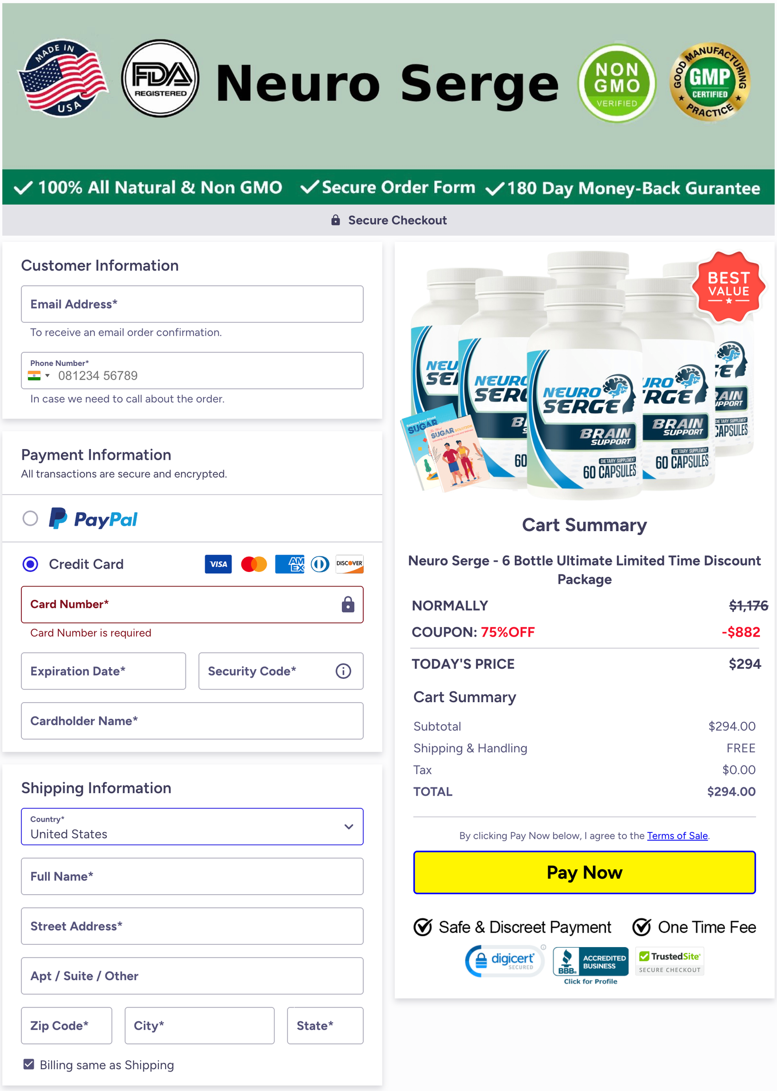 Neuro Serge secure ClickBank checkout page for placing a brain health supplement order